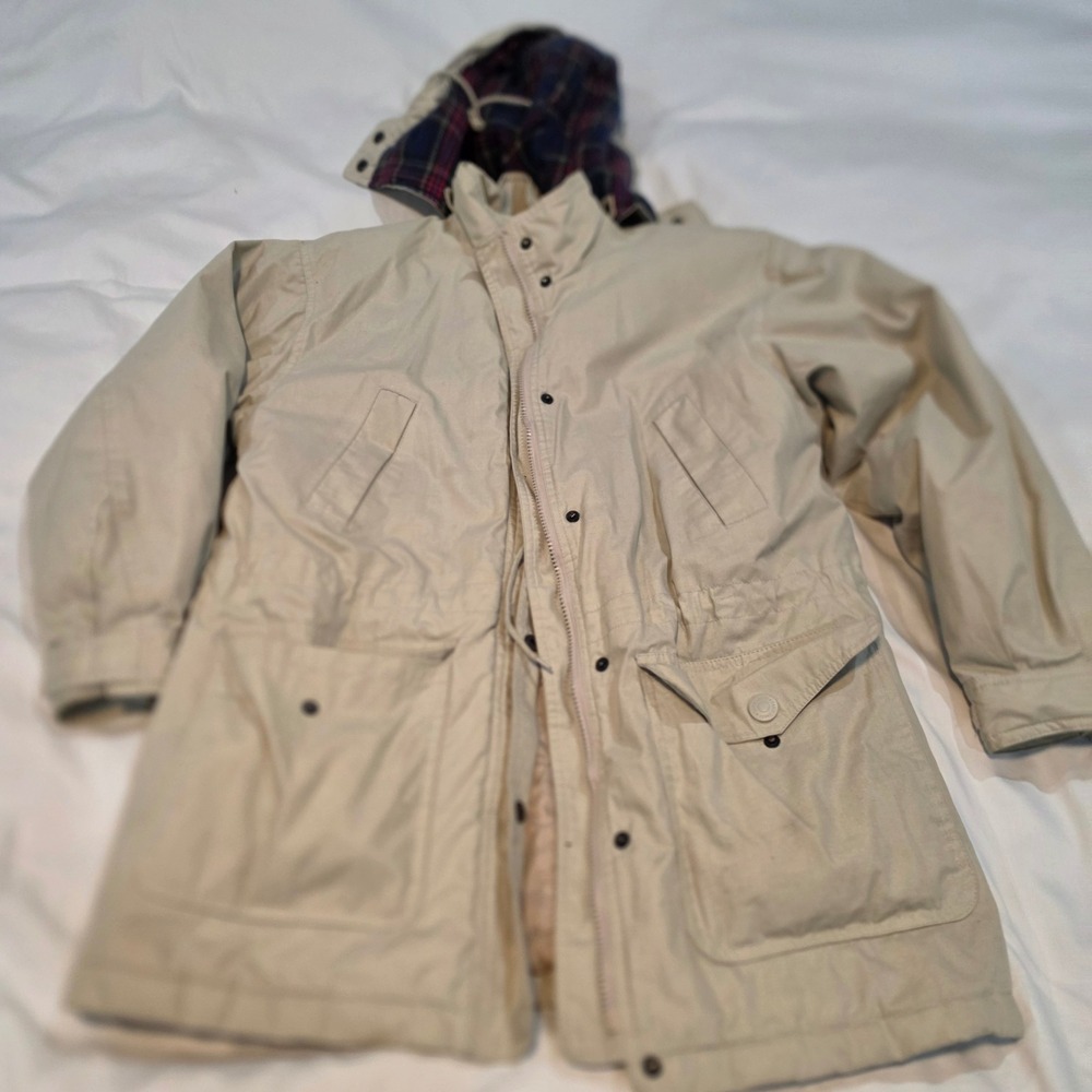 Cabin Creek Parka Jacket Mens Tan Good Plaid Lined Hood Utility Field Coat